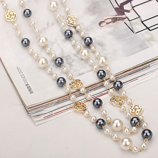 Famous Camellia Pearl Long Necklace for Women Double Layer Collane Lunghe Donna Rose Flower Sweater Chain Necklace